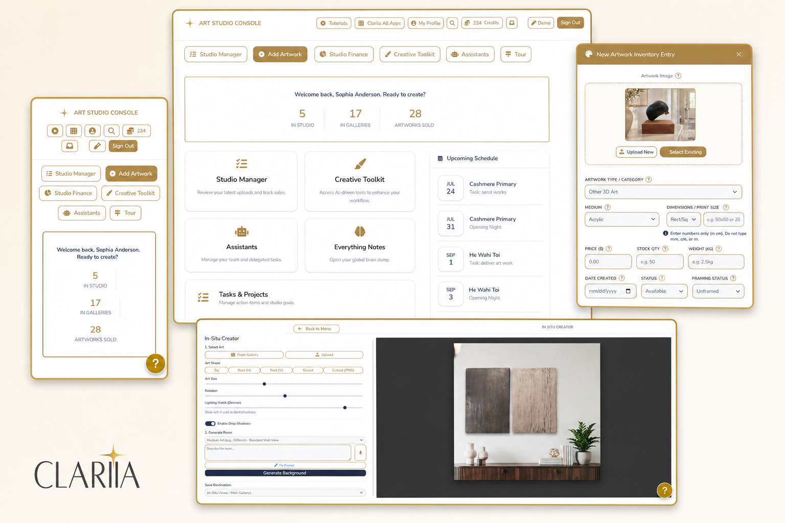Art Studio shown across desktop and mobile, including artwork inventory and the In Situ Creator